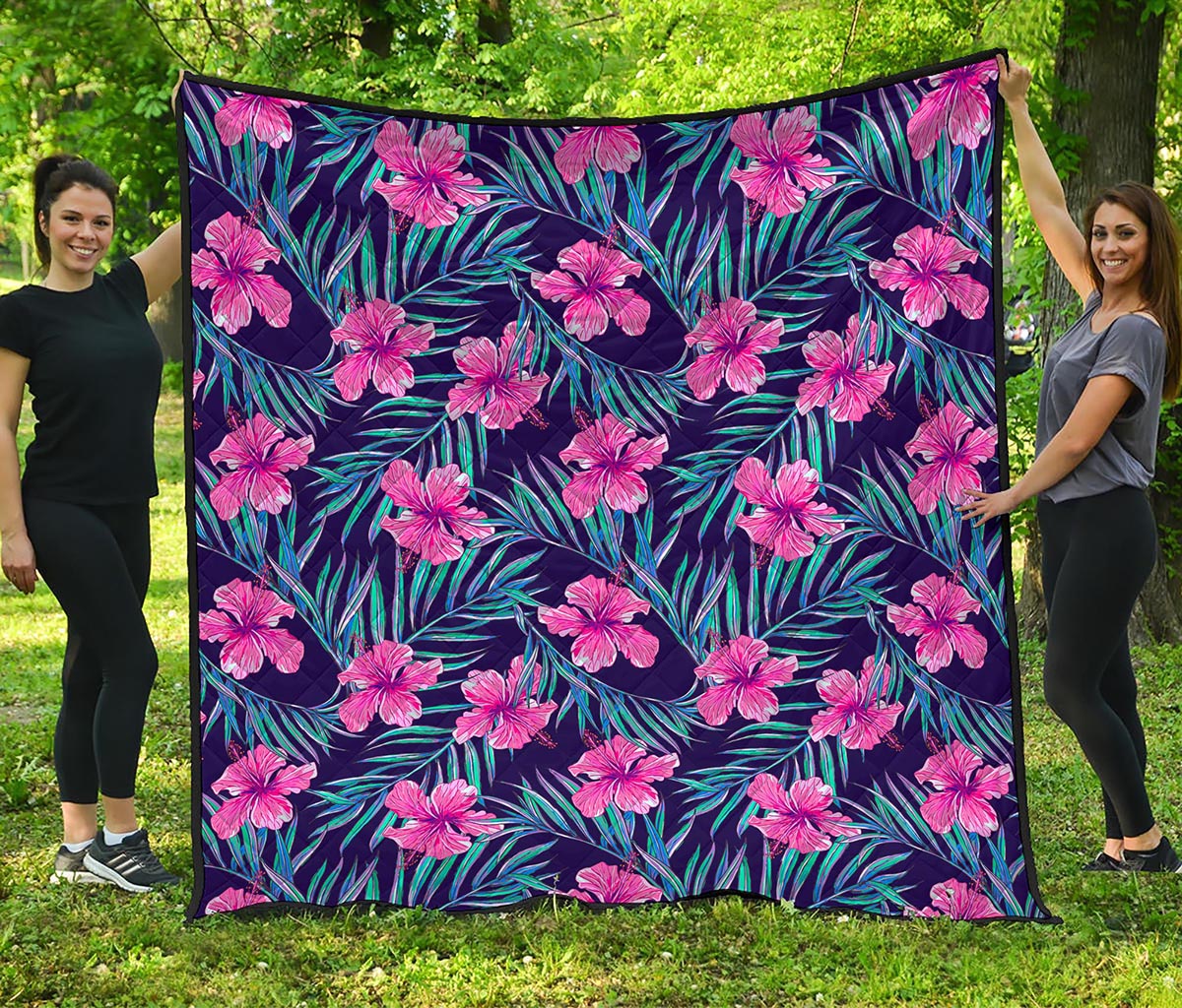 Teal Tropical Hibiscus Pattern Print Quilt