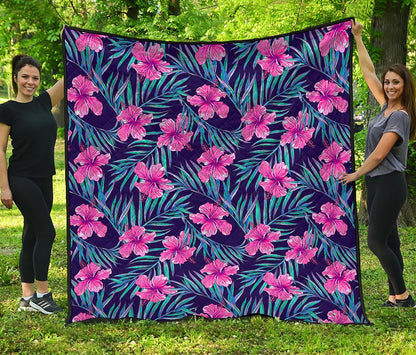 Teal Tropical Hibiscus Pattern Print Quilt
