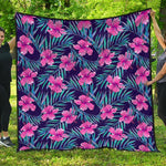 Teal Tropical Hibiscus Pattern Print Quilt