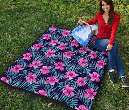 Teal Tropical Hibiscus Pattern Print Quilt