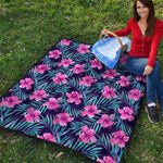Teal Tropical Hibiscus Pattern Print Quilt