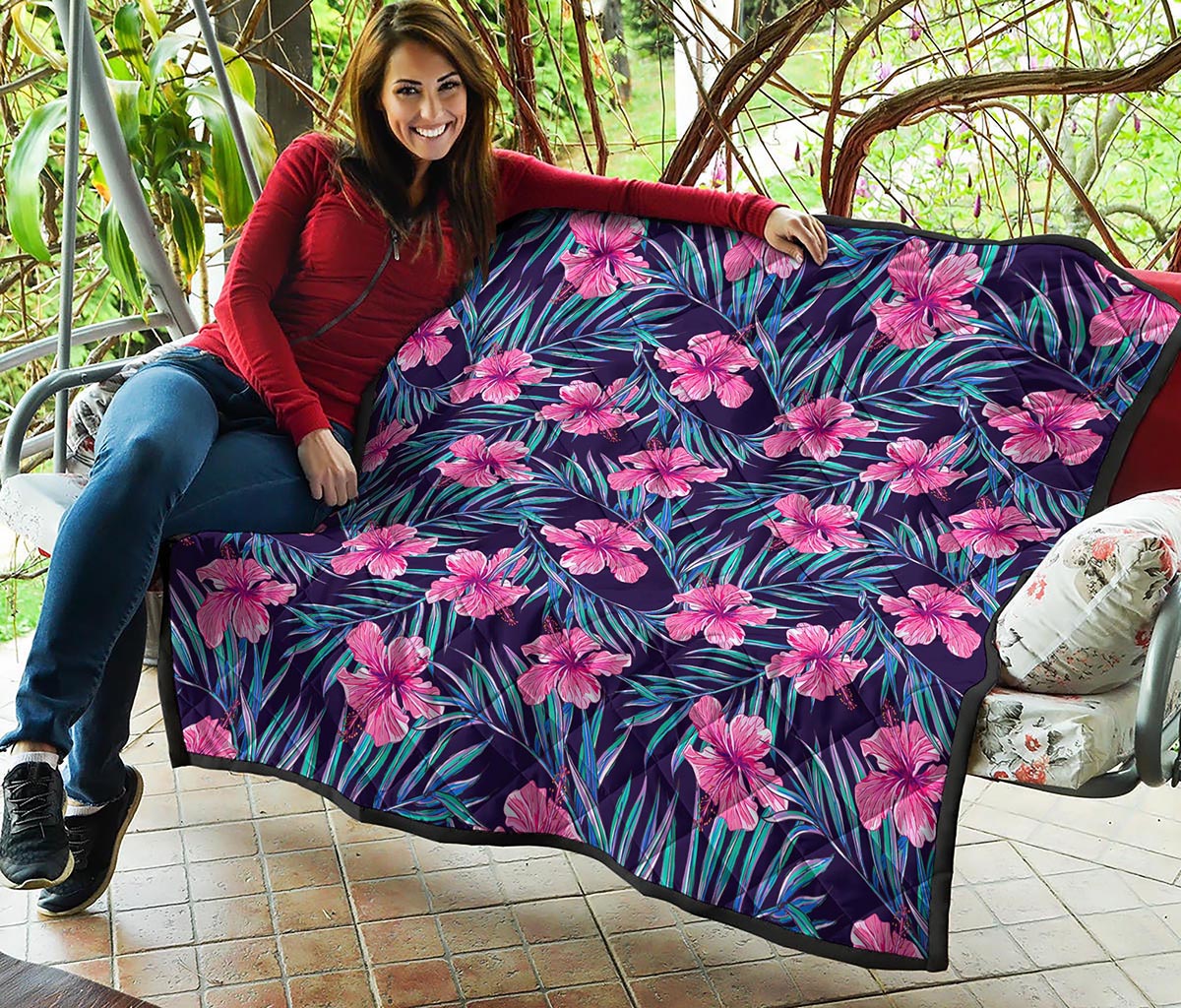 Teal Tropical Hibiscus Pattern Print Quilt
