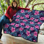 Teal Tropical Hibiscus Pattern Print Quilt