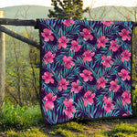 Teal Tropical Hibiscus Pattern Print Quilt