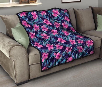 Teal Tropical Hibiscus Pattern Print Quilt