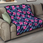 Teal Tropical Hibiscus Pattern Print Quilt