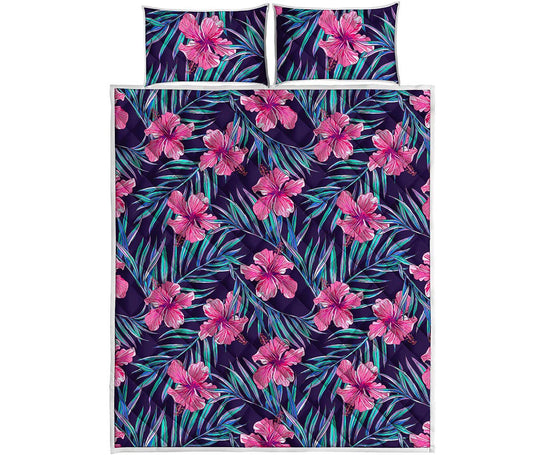 Teal Tropical Hibiscus Pattern Print Quilt Bed Set