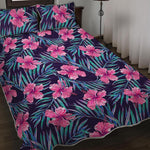 Teal Tropical Hibiscus Pattern Print Quilt Bed Set