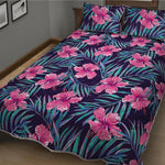 Teal Tropical Hibiscus Pattern Print Quilt Bed Set