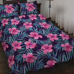 Teal Tropical Hibiscus Pattern Print Quilt Bed Set