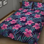 Teal Tropical Hibiscus Pattern Print Quilt Bed Set