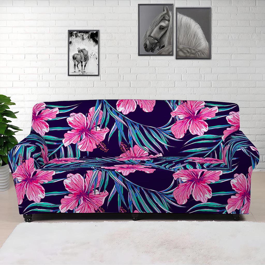 Teal Tropical Hibiscus Pattern Print Sofa Cover