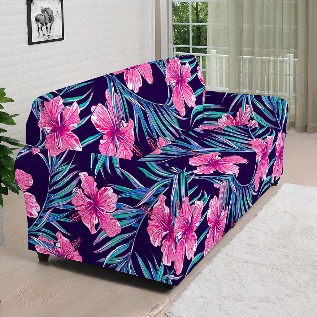 Teal Tropical Hibiscus Pattern Print Sofa Cover