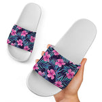 Teal Tropical Hibiscus Pattern Print White Slide Sandals