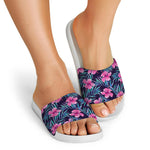 Teal Tropical Hibiscus Pattern Print White Slide Sandals