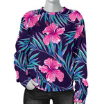Teal Tropical Hibiscus Pattern Print Women's Crewneck Sweatshirt GearFrost