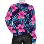 Teal Tropical Hibiscus Pattern Print Women's Crewneck Sweatshirt GearFrost
