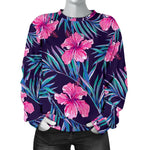 Teal Tropical Hibiscus Pattern Print Women's Crewneck Sweatshirt GearFrost
