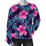 Teal Tropical Hibiscus Pattern Print Women's Crewneck Sweatshirt GearFrost