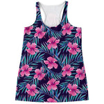 Teal Tropical Hibiscus Pattern Print Women's Racerback Tank Top