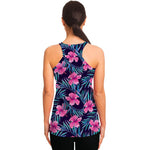 Teal Tropical Hibiscus Pattern Print Women's Racerback Tank Top