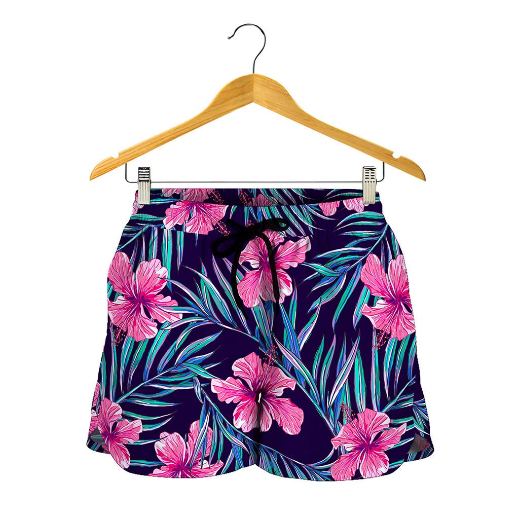 Teal Tropical Hibiscus Pattern Print Women's Shorts