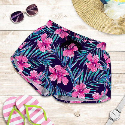 Teal Tropical Hibiscus Pattern Print Women's Shorts