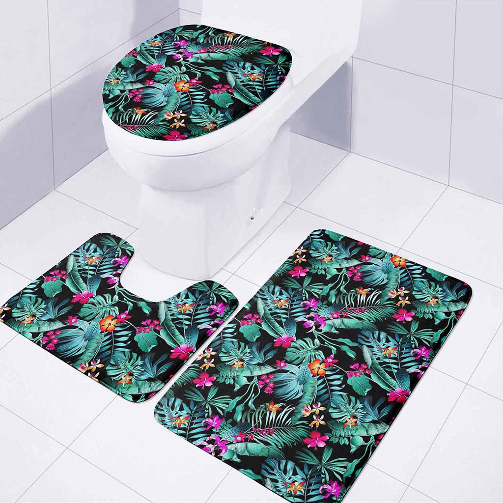 Teal Tropical Leaf Hawaii Pattern Print 3 Piece Bath Mat Set