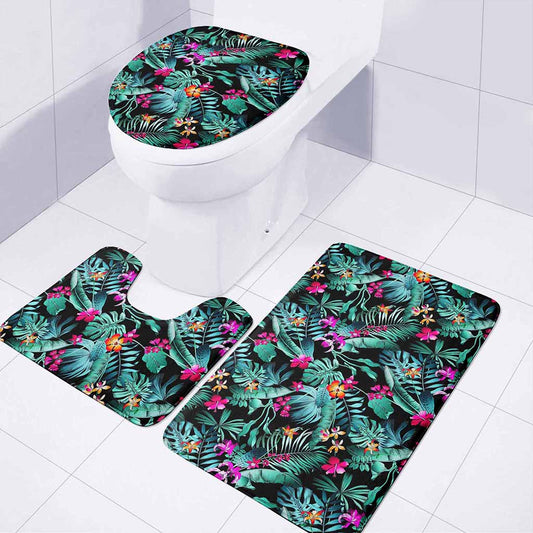 Teal Tropical Leaf Hawaii Pattern Print 3 Piece Bath Mat Set