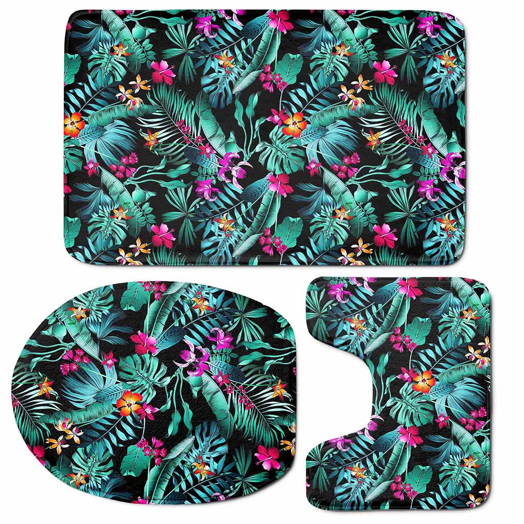 Teal Tropical Leaf Hawaii Pattern Print 3 Piece Bath Mat Set