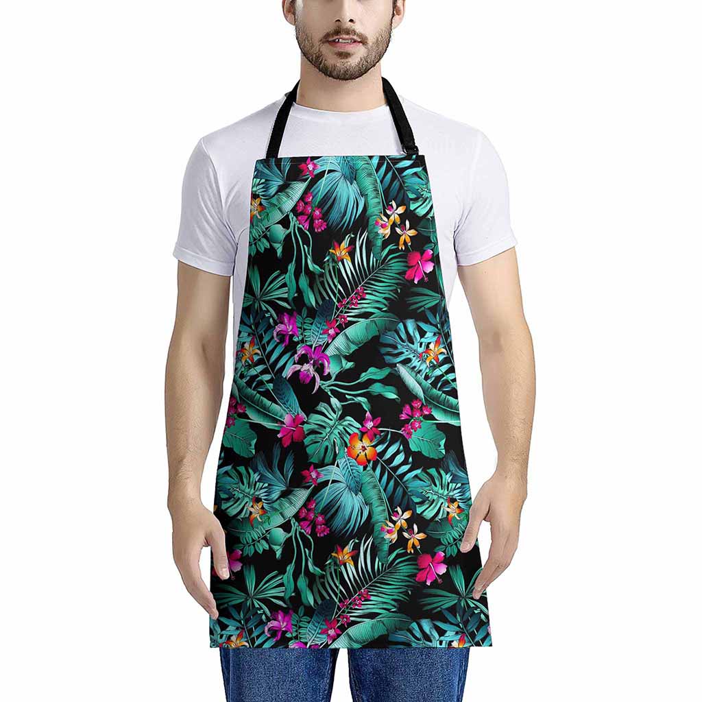 Teal Tropical Leaf Hawaii Pattern Print Apron