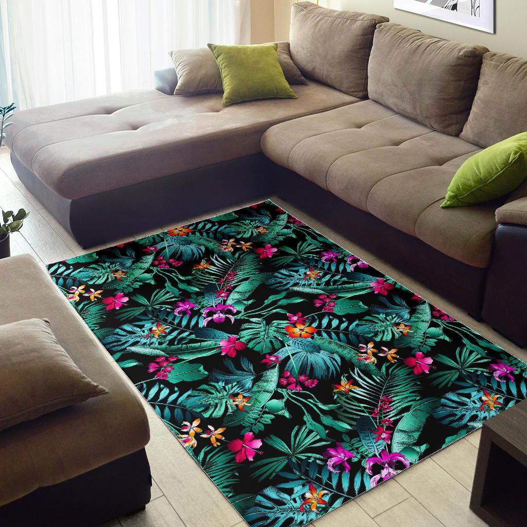 Teal Tropical Leaf Hawaii Pattern Print Area Rug GearFrost