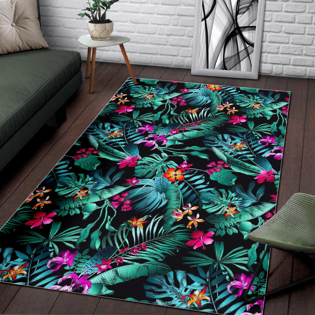 Teal Tropical Leaf Hawaii Pattern Print Area Rug GearFrost