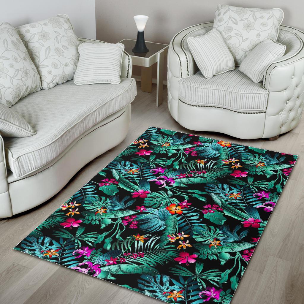 Teal Tropical Leaf Hawaii Pattern Print Area Rug GearFrost