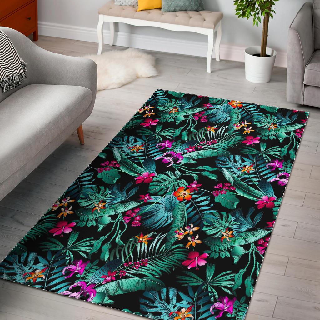 Teal Tropical Leaf Hawaii Pattern Print Area Rug GearFrost