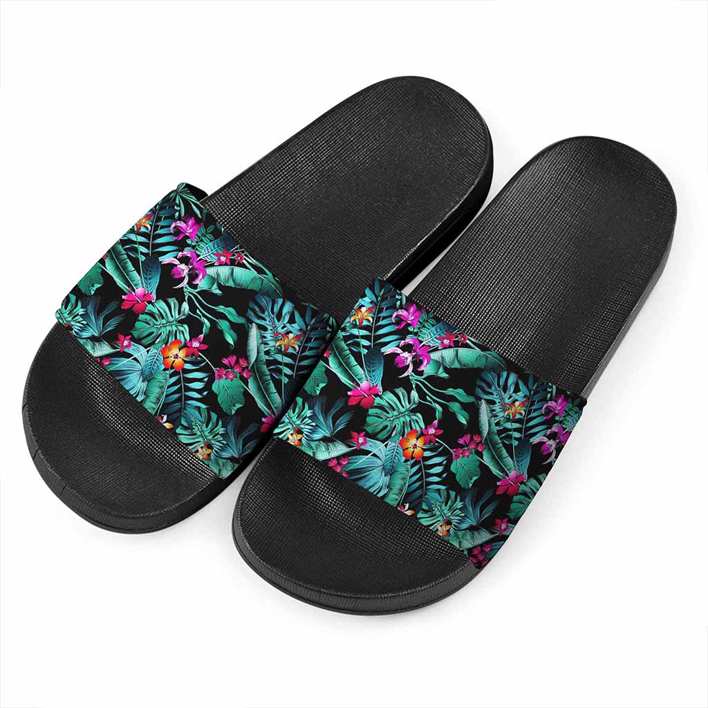 Teal Tropical Leaf Hawaii Pattern Print Black Slide Sandals