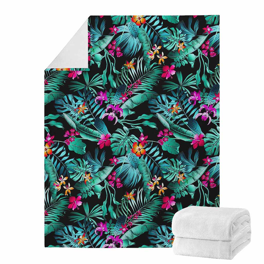 Teal Tropical Leaf Hawaii Pattern Print Blanket