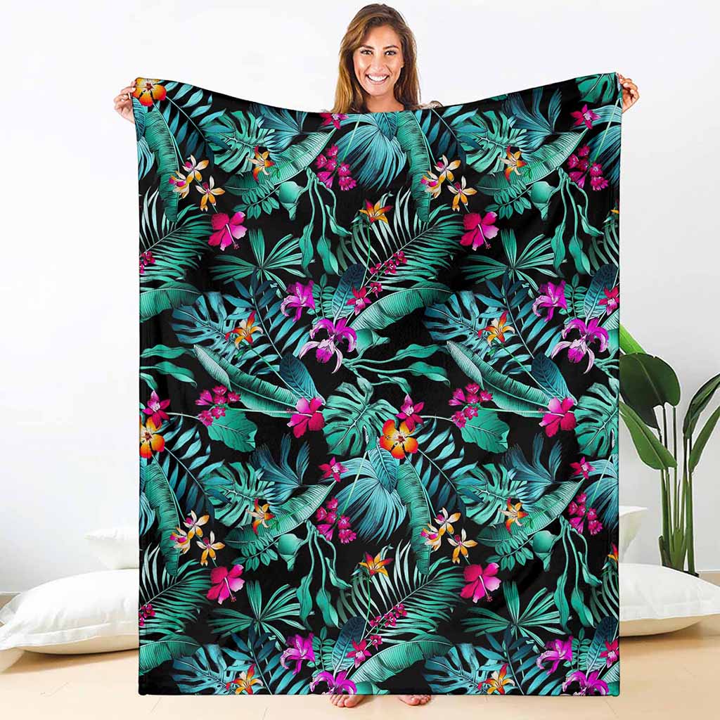 Teal Tropical Leaf Hawaii Pattern Print Blanket