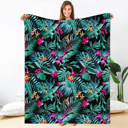 Teal Tropical Leaf Hawaii Pattern Print Blanket