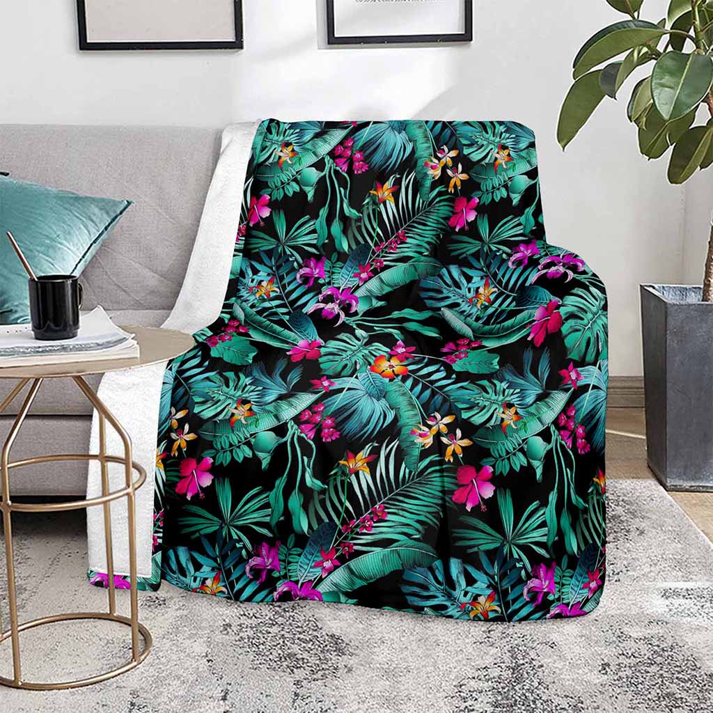 Teal Tropical Leaf Hawaii Pattern Print Blanket