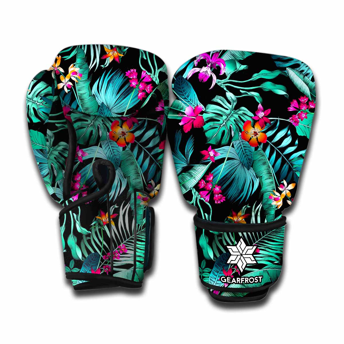 Teal Tropical Leaf Hawaii Pattern Print Boxing Gloves