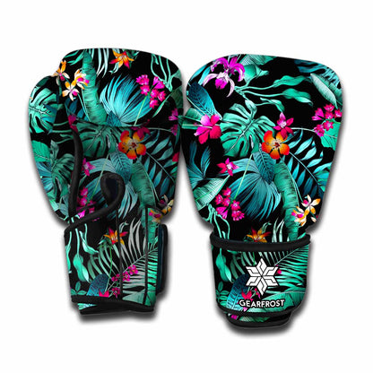 Teal Tropical Leaf Hawaii Pattern Print Boxing Gloves