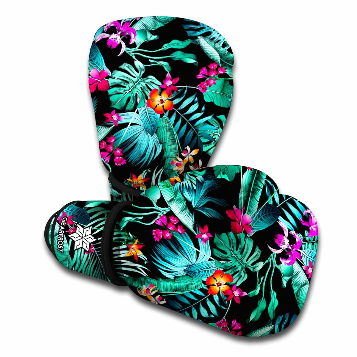 Teal Tropical Leaf Hawaii Pattern Print Boxing Gloves