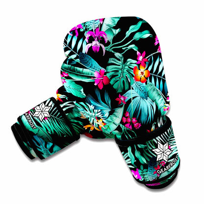 Teal Tropical Leaf Hawaii Pattern Print Boxing Gloves