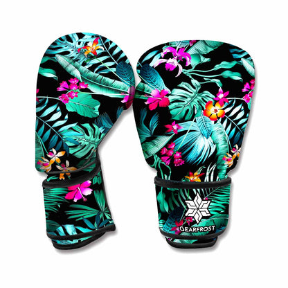 Teal Tropical Leaf Hawaii Pattern Print Boxing Gloves