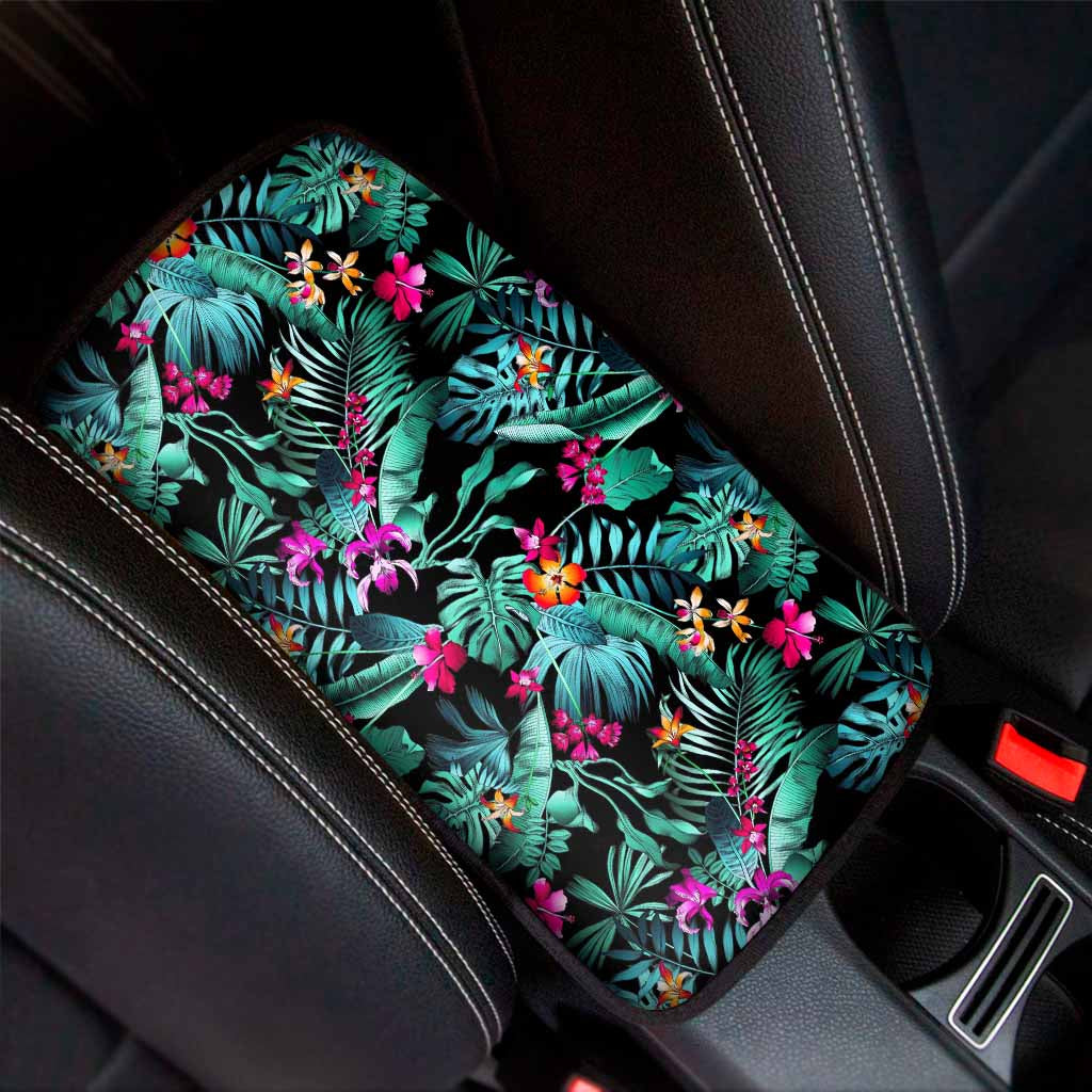 Teal Tropical Leaf Hawaii Pattern Print Car Center Console Cover