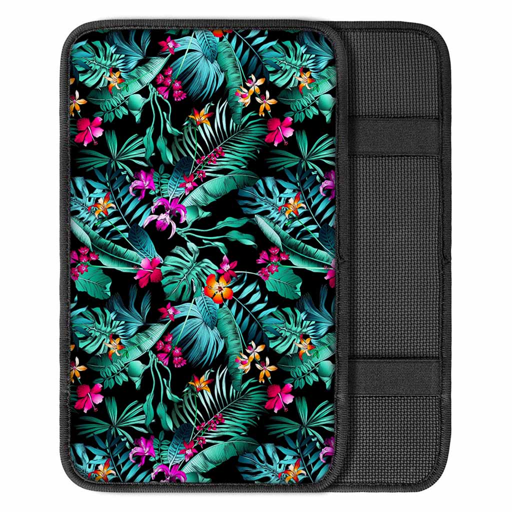 Teal Tropical Leaf Hawaii Pattern Print Car Center Console Cover