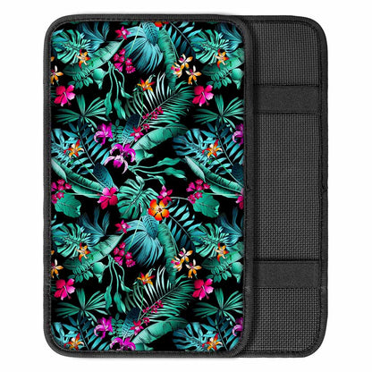 Teal Tropical Leaf Hawaii Pattern Print Car Center Console Cover
