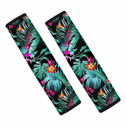 Teal Tropical Leaf Hawaii Pattern Print Car Seat Belt Covers