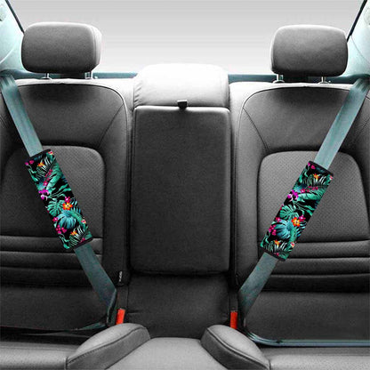 Teal Tropical Leaf Hawaii Pattern Print Car Seat Belt Covers